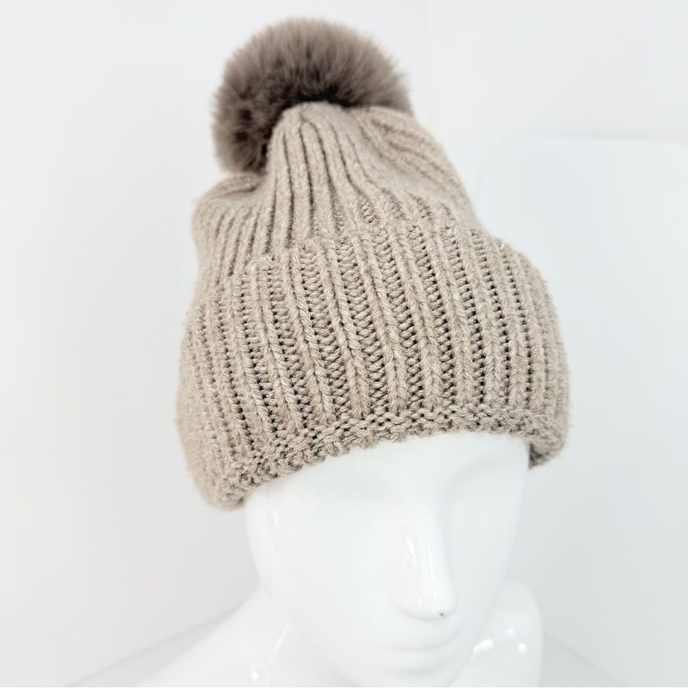 Norla Canada Taupe Alpaca Wool Fluffy Faux Fur Pompom Knit Beanie Hat